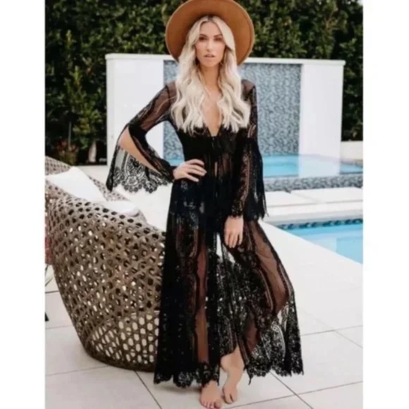 Tops - SOLD OUT Black Eyelash Lace Bohemian Long Kimono Duster Wrap Coverup
